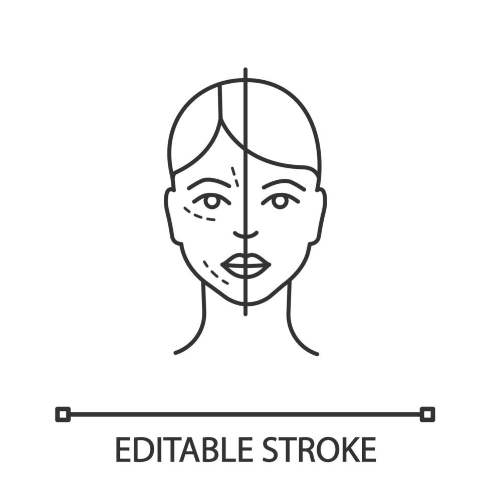 avant et après l'icône linéaire d'injection de neurotoxine. procédure cosmétique. illustration de la ligne mince. rajeunissement du visage. médecine esthétique. symbole de contour. dessin de contour isolé de vecteur. trait modifiable vecteur