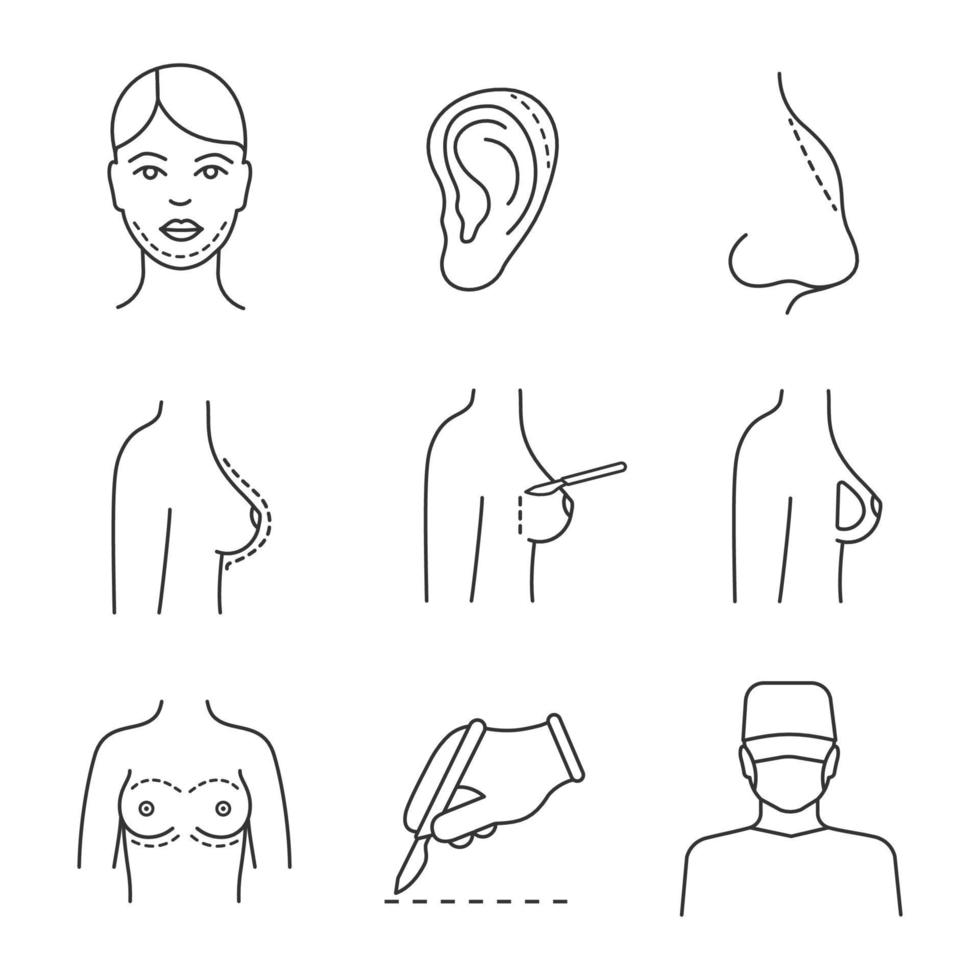 ensemble d'icônes linéaires de chirurgie plastique. menton, oreille, chirurgie de correction de la forme du nez, augmentation mammaire, incision au bistouri, chirurgien. symboles de lignes fines. illustrations vectorielles isolées. trait modifiable vecteur