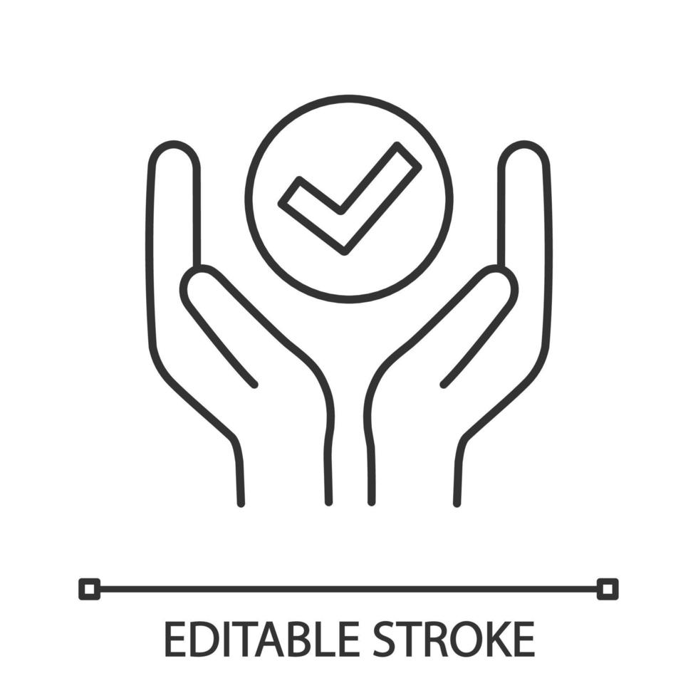 icône linéaire de services de qualité. assurance qualité. illustration de la ligne mince. verification ET VALIDATION. répondre aux exigences. mains tenant une coche. dessin de contour isolé de vecteur. trait modifiable vecteur