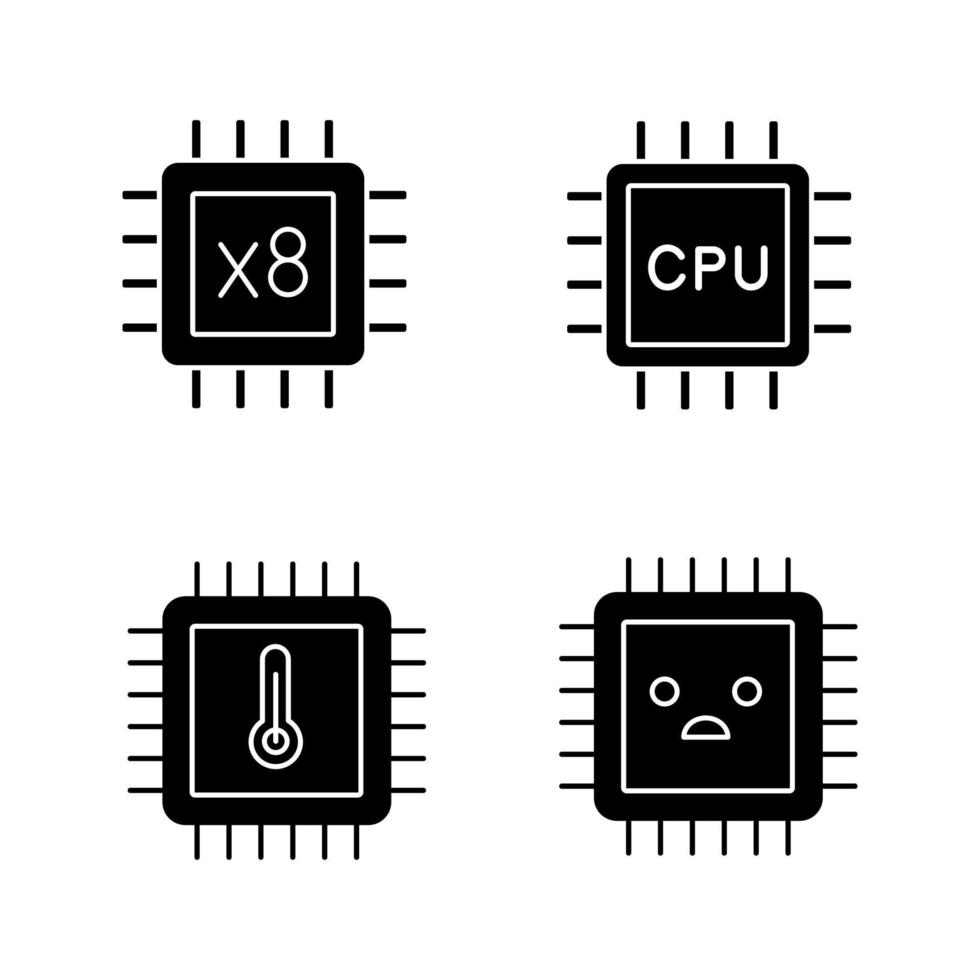 ensemble d'icônes de glyphe de processeurs. octa core, processeurs cpu, température du microprocesseur, puce triste. symboles de silhouettes. illustration vectorielle isolée vecteur