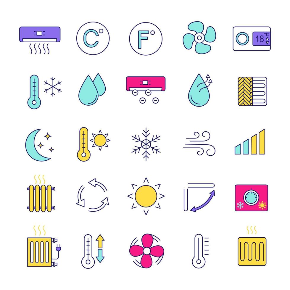 ensemble d'icônes de couleur de climatisation. chauffage de l'air, humidification, ionisation, ventilation. Contrôle du climat. illustrations vectorielles isolées vecteur