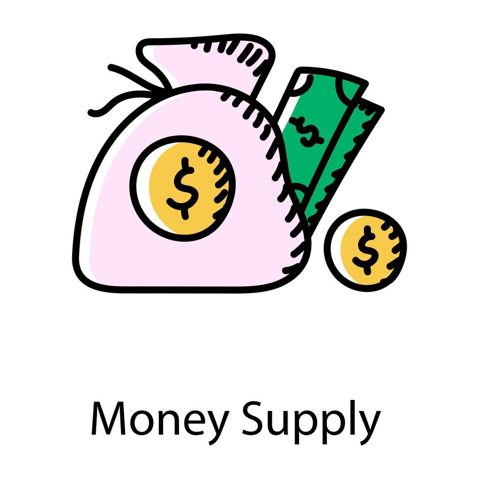 sac avec des pièces d'un dollar indiquant l'icône doodle de la masse monétaire vecteur