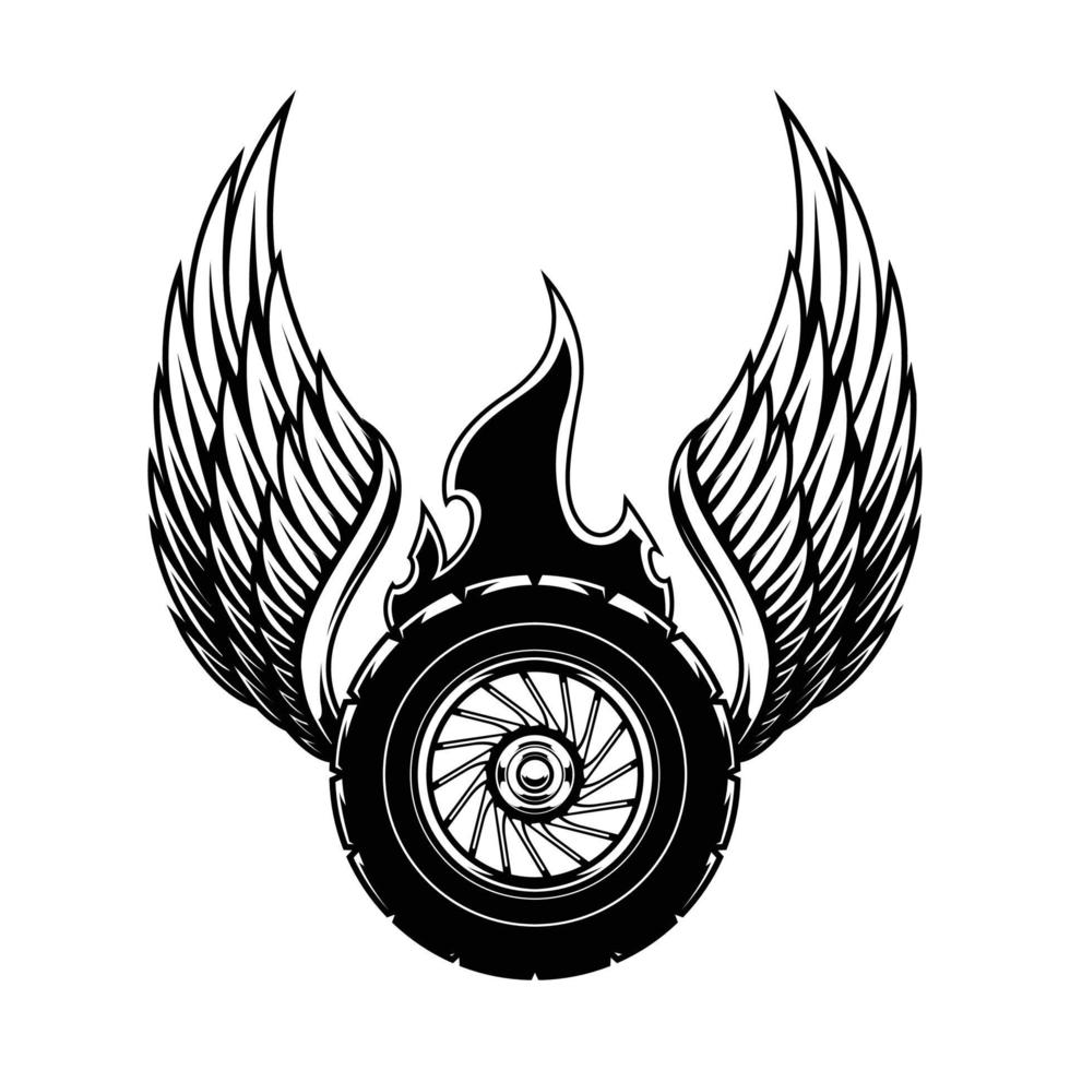 pneu de moto avec logo vintage feu et deux ailes vecteur