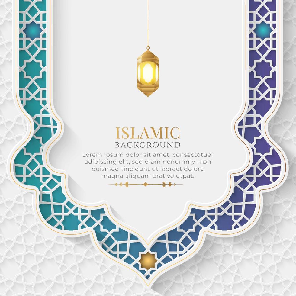 fond islamique de luxe blanc et bleu avec cadre d'ornement décoratif vecteur