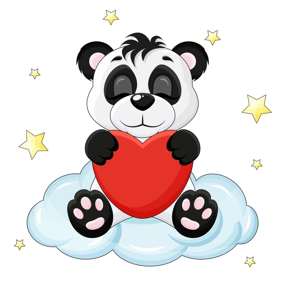 panda mignon est assis sur un nuage et tient un coeur dans ses mains vecteur