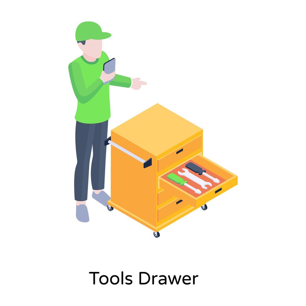 personne avec des outils, icône isométrique du tiroir à outils vecteur