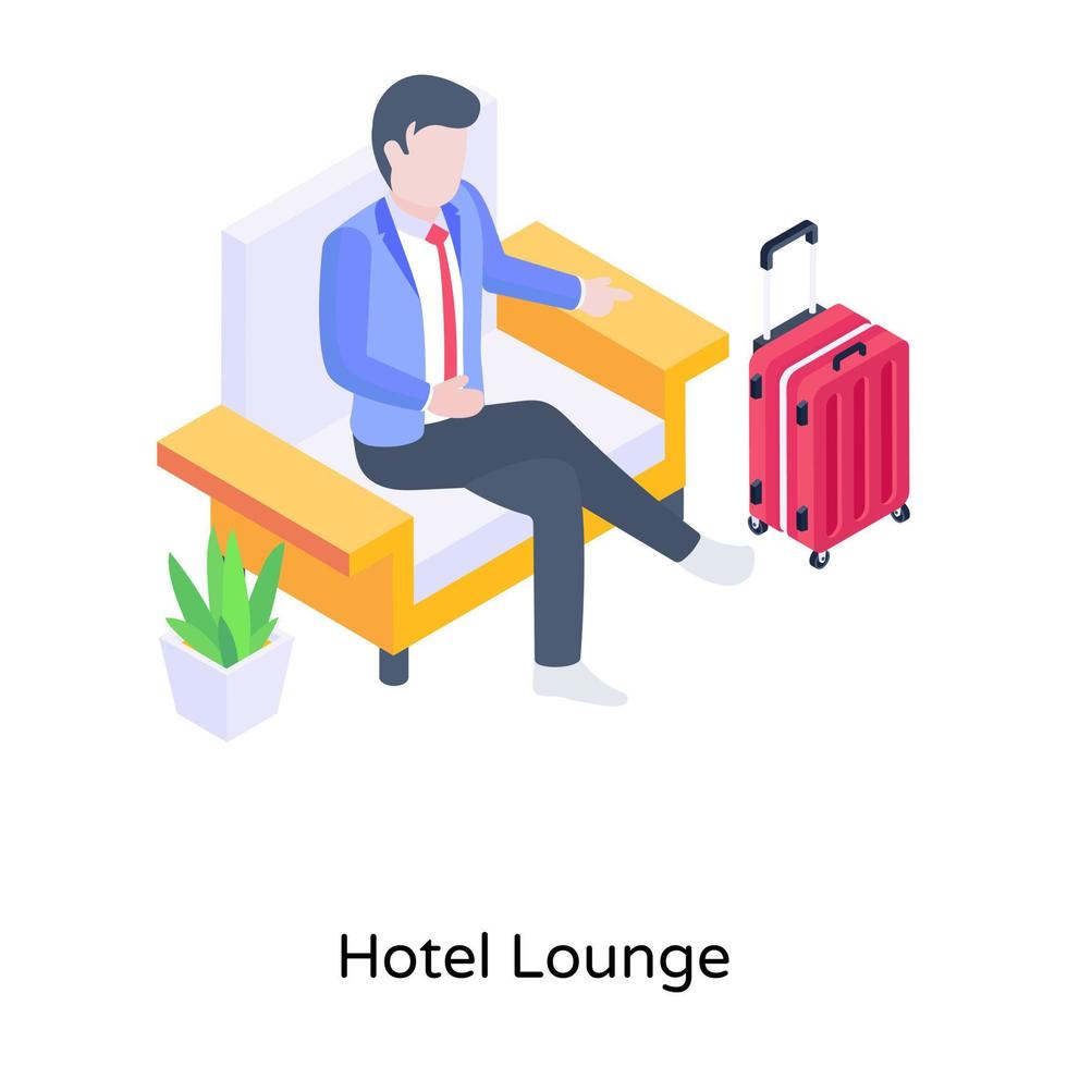 personne assise sur un canapé avec des bagages, illustration isométrique du salon de l'hôtel vecteur