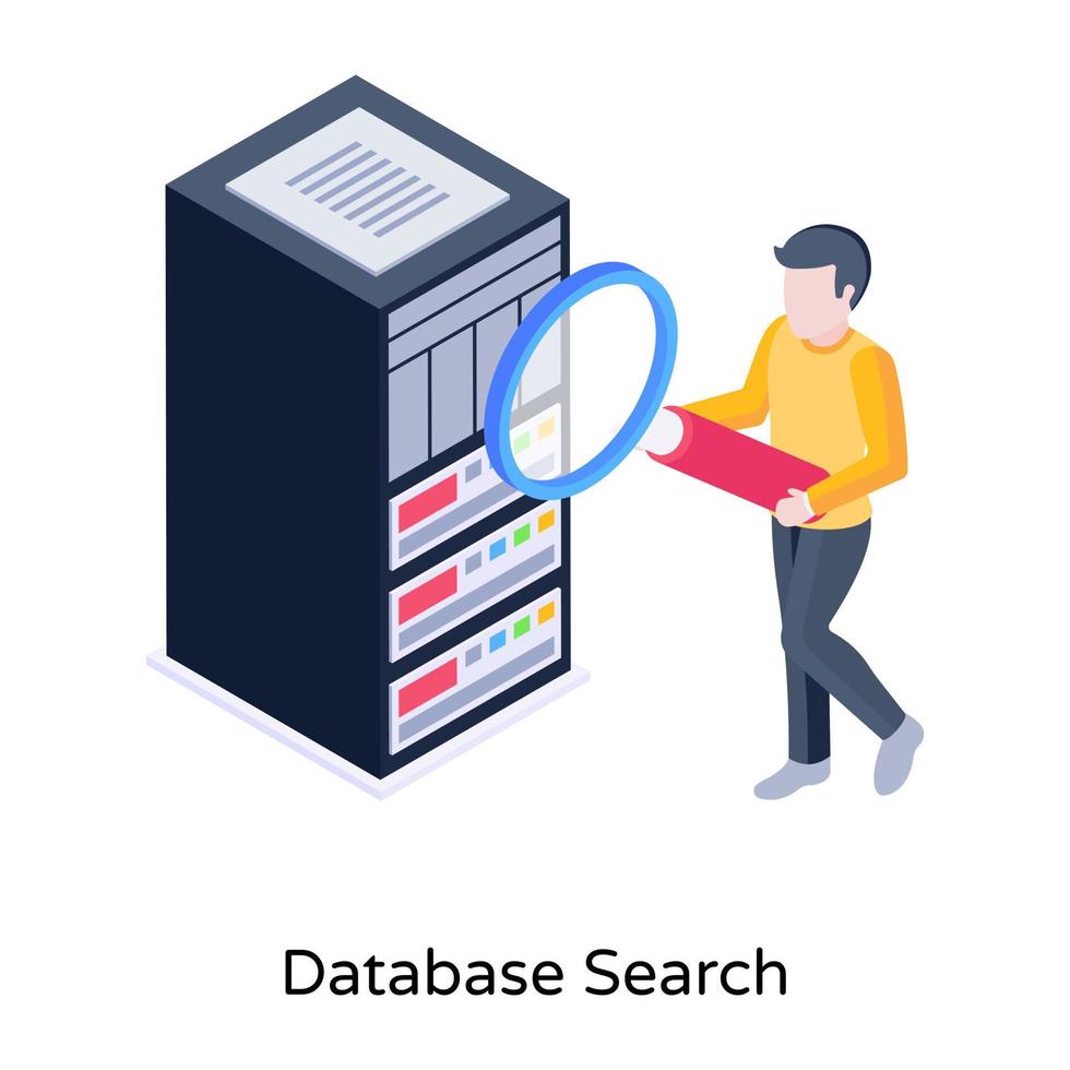 personne avec loupe, icône isométrique de recherche de base de données vecteur