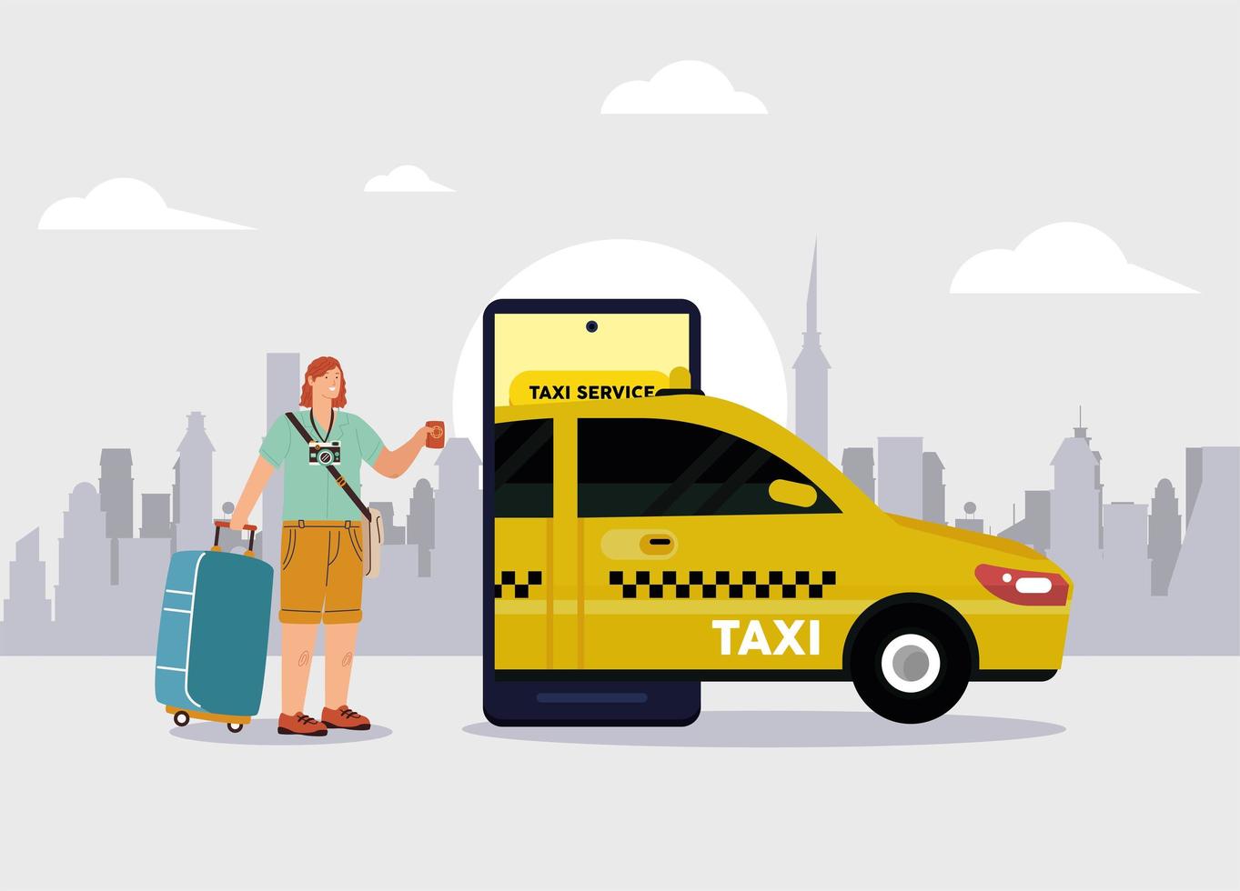 femme avec taxi sur smartphone vecteur