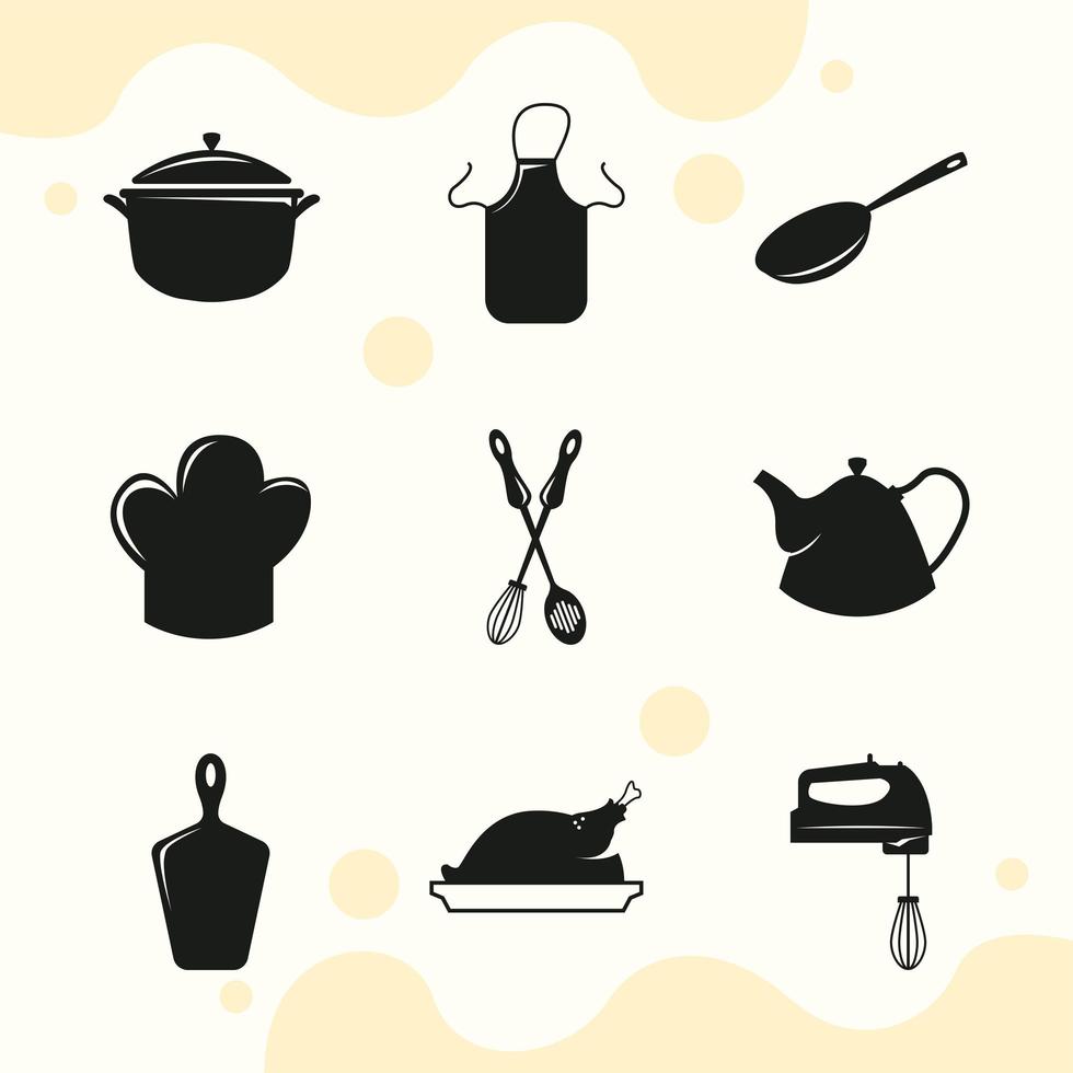 neuf icônes de silhouettes de cuisine vecteur