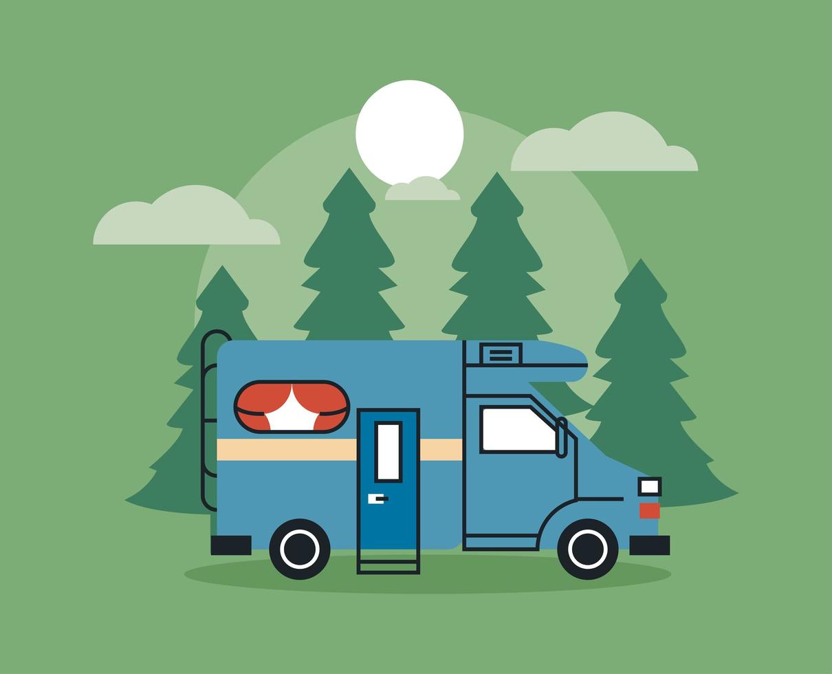 camping-car bleu en forêt vecteur