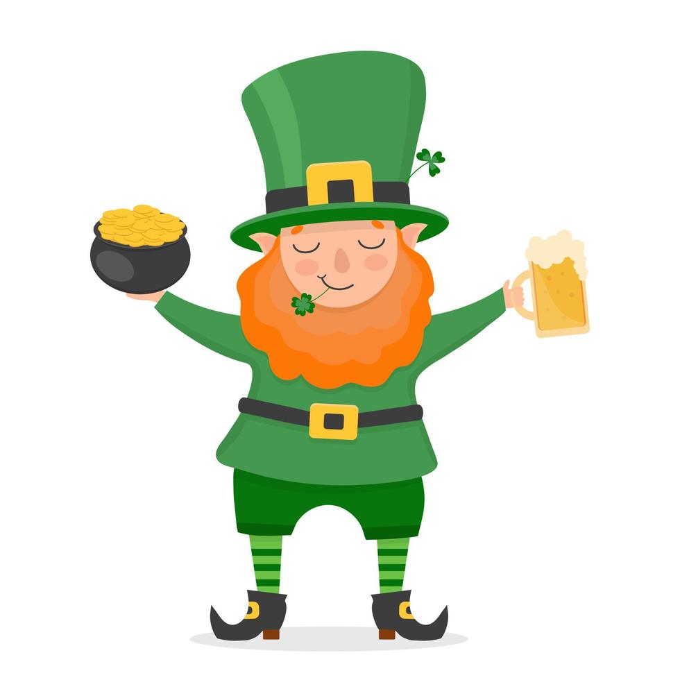 st. patricks day homme gnome barbu irlandais avec chope de bière et pot d'or. lutin mignon. vecteur
