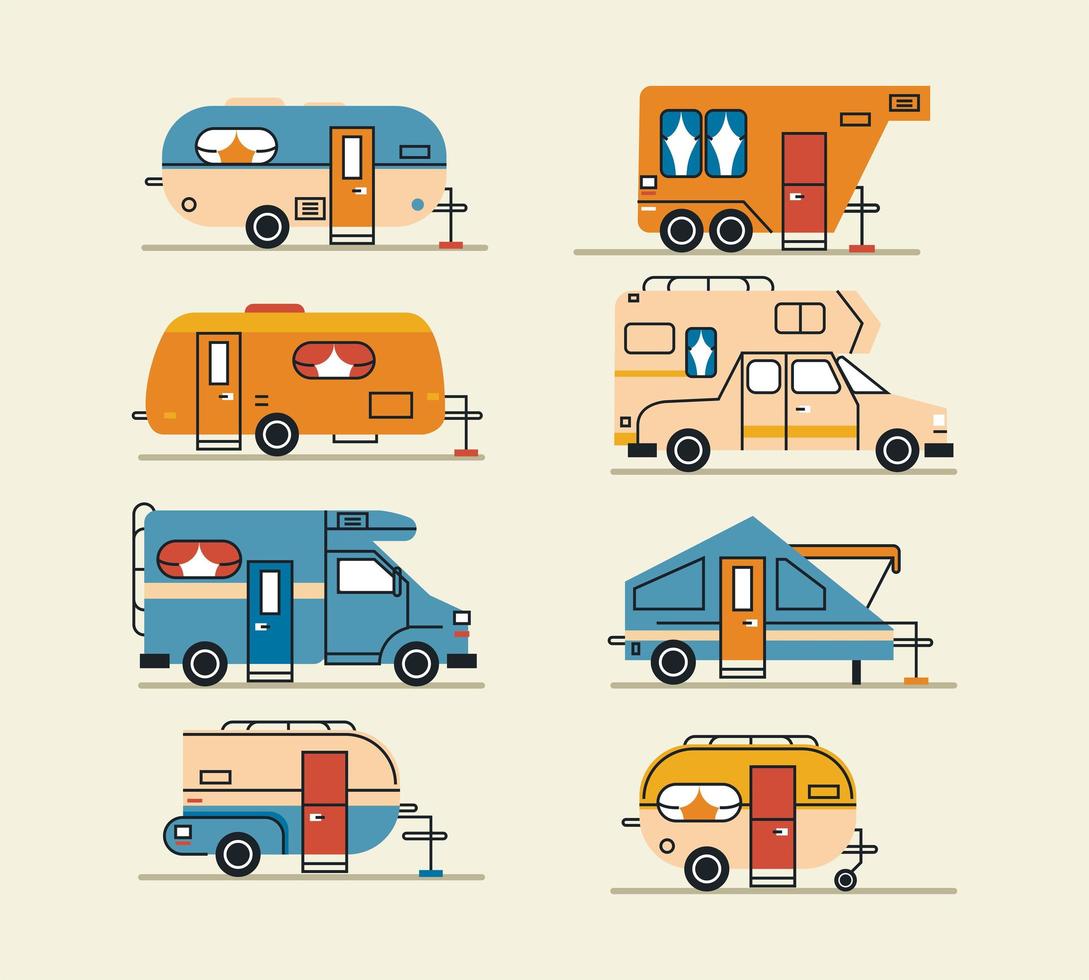 huit camping-cars caravanes véhicules vecteur