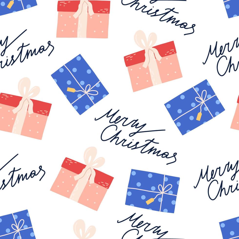 Joli modèle sans couture de Noël avec coffrets cadeaux et texte dessiné à la main, illustration vectorielle plane sur fond blanc. idéal pour le papier d'emballage ou le textile. vecteur