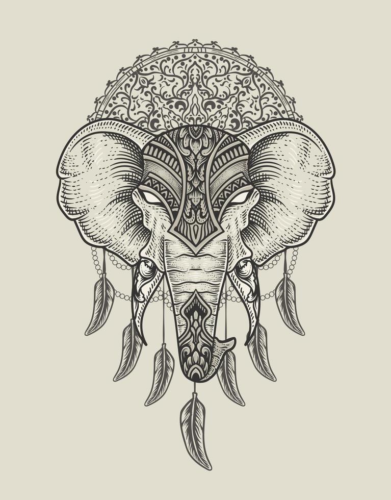 illustration tête d'éléphant gravure style mandala avec masque vecteur