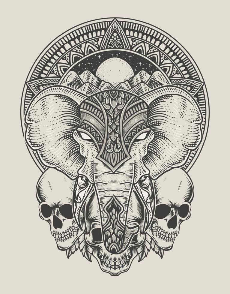 illustration tête d'éléphant style de gravure avec crâne vecteur