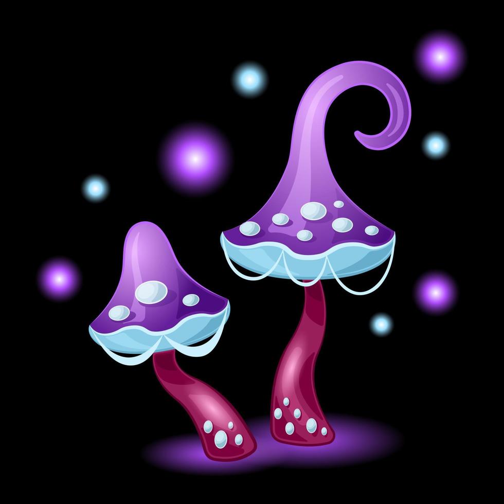 couple fantaisie champignons dessin animé isolé fond noir vecteur
