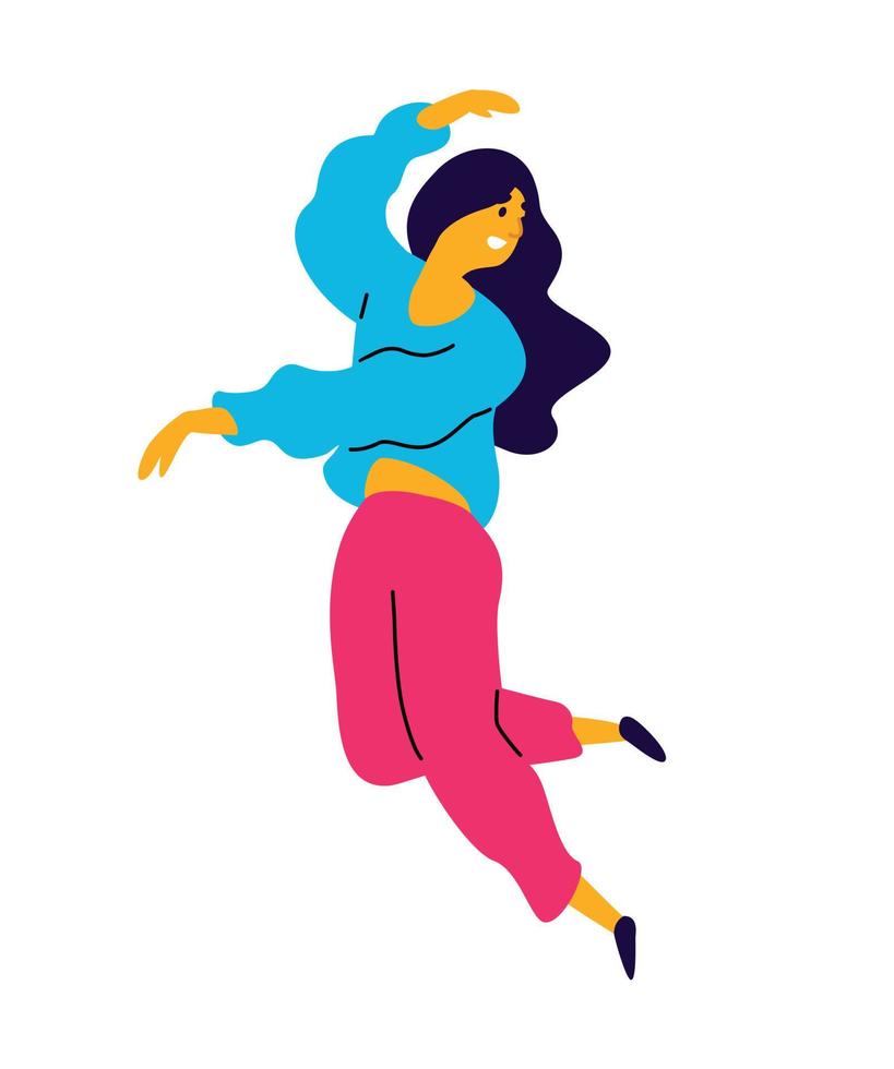 joyeuse danseuse se réjouit de la vie. vecteur. illustration d'une jeune femme qui rit. personnage pour le studio de danse. l'image est isolée sur un fond blanc. personnage dans la discothèque. vecteur