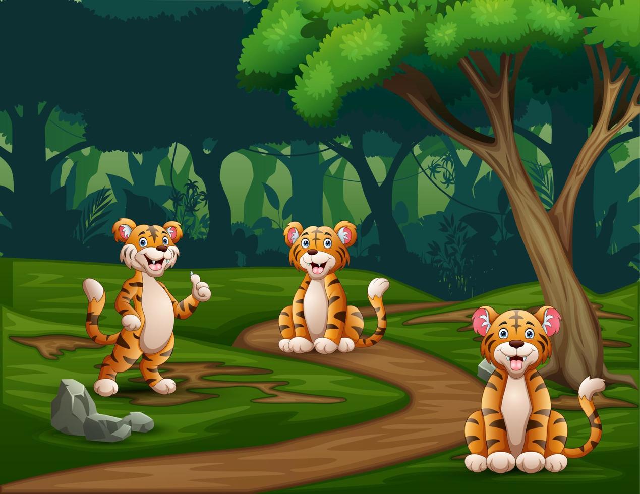 dessin animé trois tigres profitant de la forêt vecteur