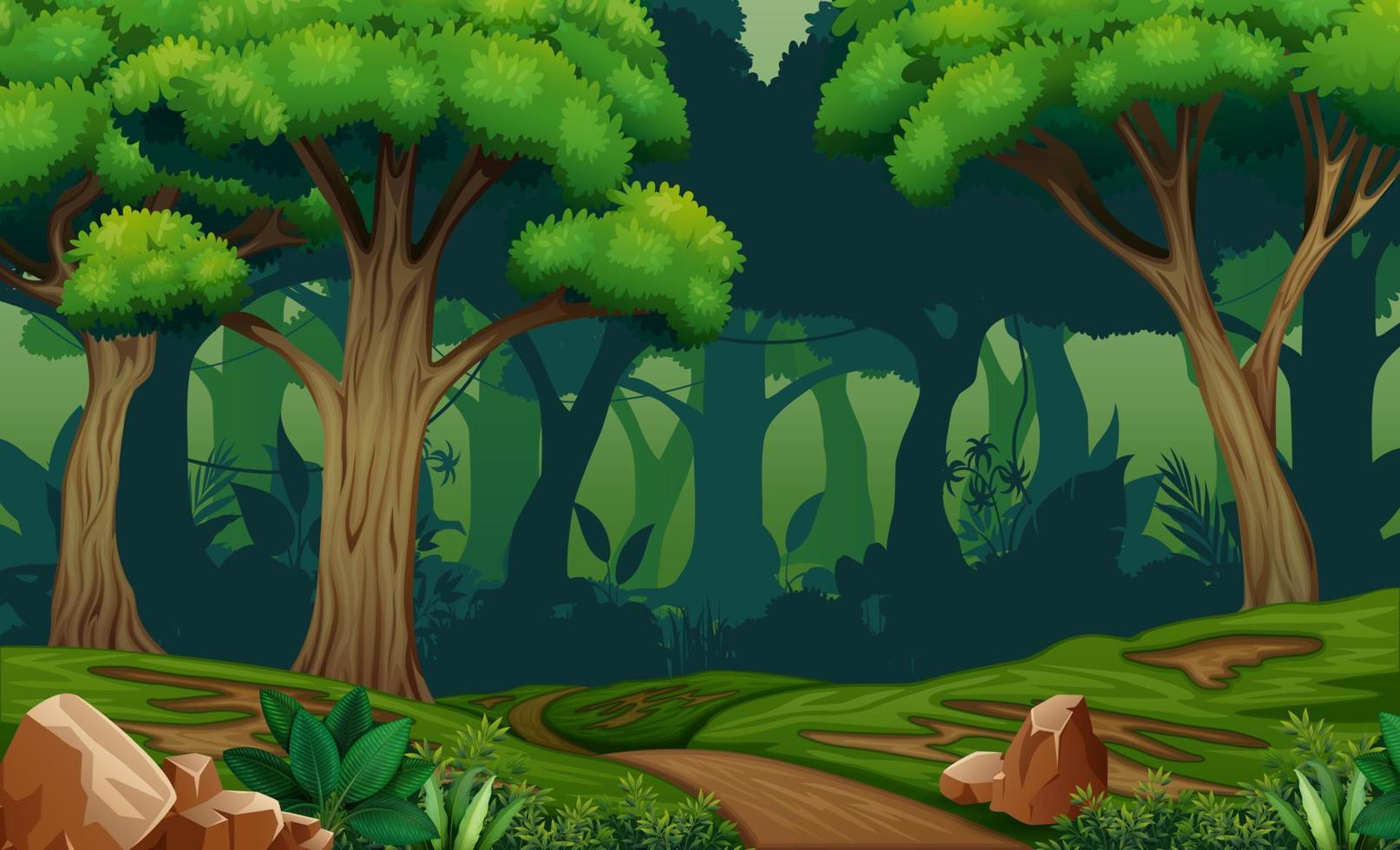 scène de forêt profonde avec illustration de sentier dans les bois vecteur