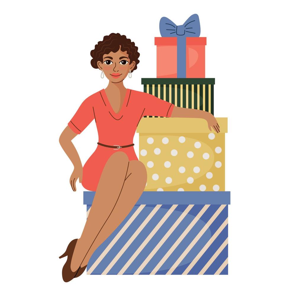 une jeune femme est assise sur une pile de cadeaux. illustration vectorielle. vacances, anniversaire. vecteur