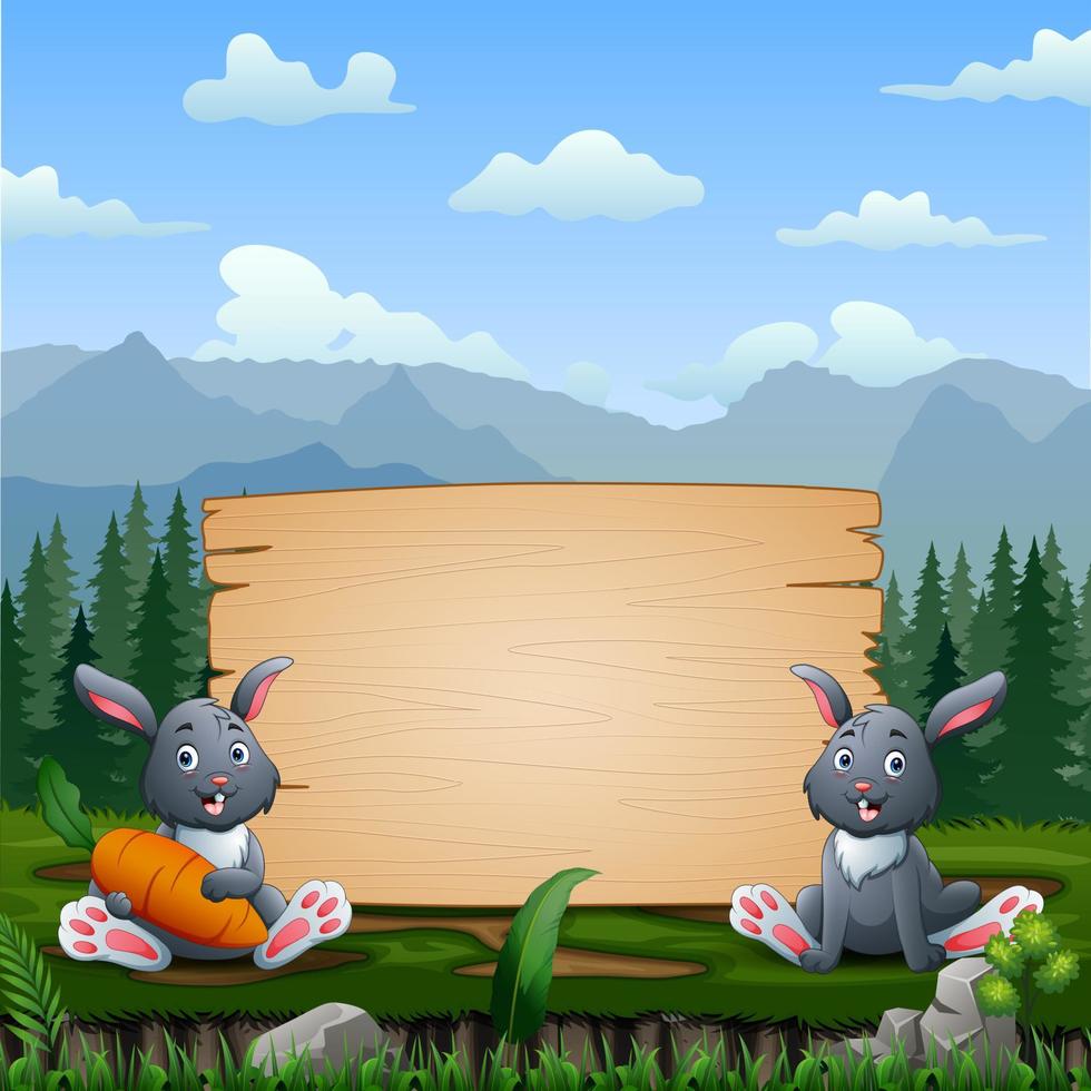 lapins heureux assis près d'un panneau en bois vecteur