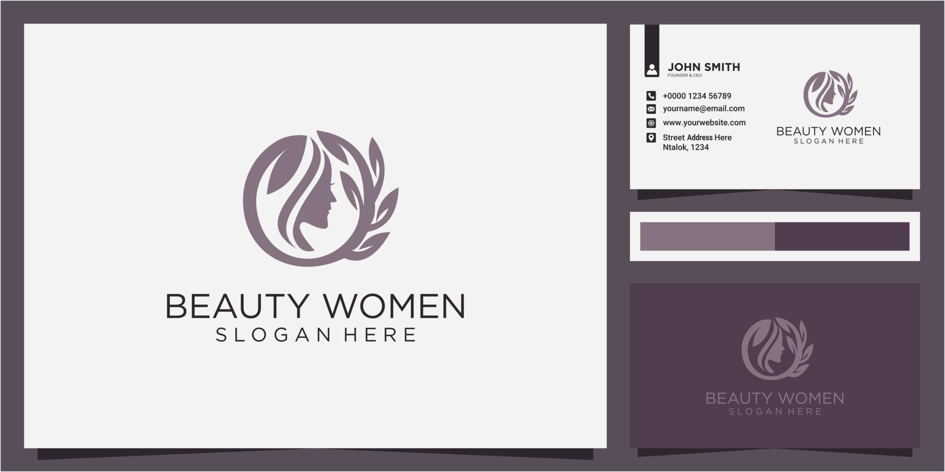 femme cheveux feuille nature logo design concept avec carte de visite vecteur