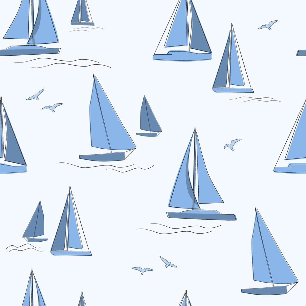 modèle sans couture avec voiliers, bateaux sur la mer, eau. les yachts naviguent sur l'eau, les mouettes volent. graphiques vectoriels. vecteur