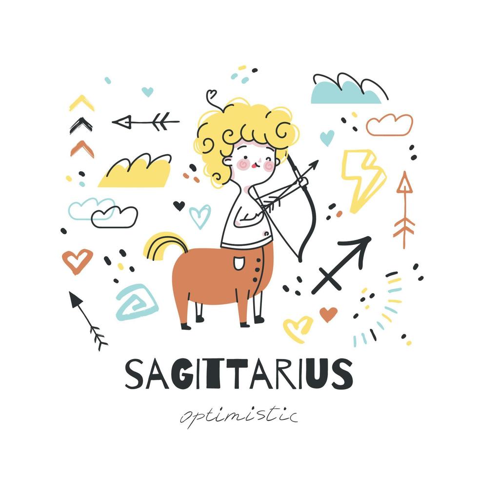 illustration du signe du zodiaque sagittaire. caractère de symbole d'horoscope astrologique pour les enfants. carte colorée avec des éléments graphiques pour la conception. vecteur dessiné à la main en style cartoon avec lettrage