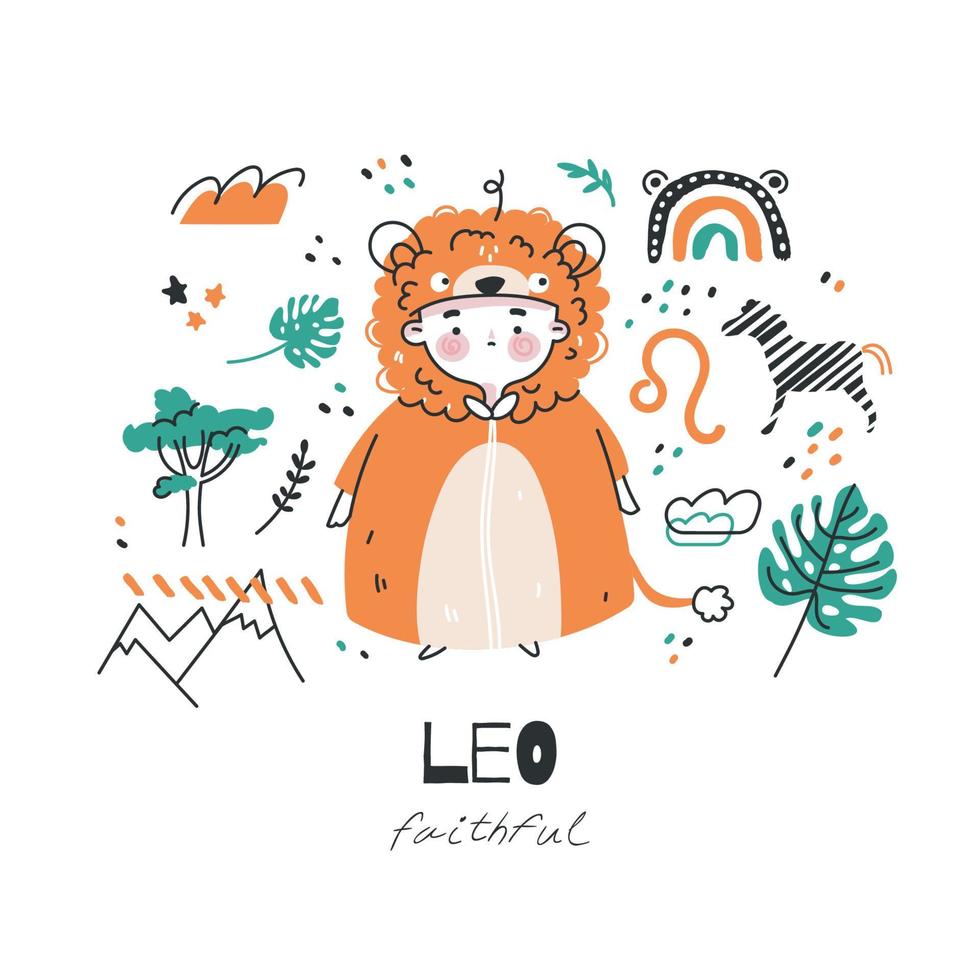 signe du zodiaque lion illustration. caractère de symbole d'horoscope astrologique pour les enfants. carte colorée avec des éléments graphiques pour la conception. vecteur dessiné à la main en style cartoon avec lettrage