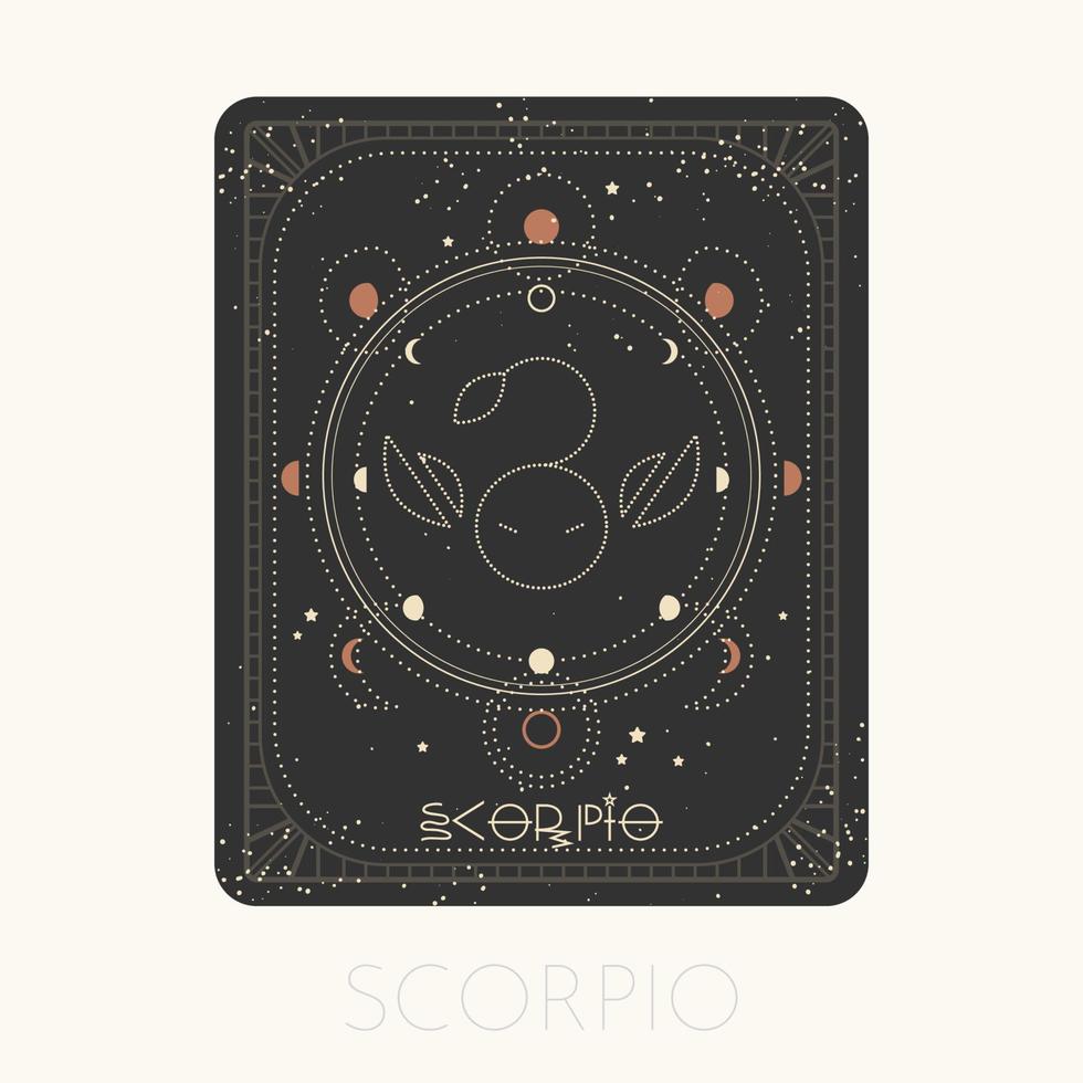 carte scorpion signe du zodiaque. symbole horoscope astrologique avec phases de lune. icône graphique or sur fond noir. illustration de vecteur ligne art