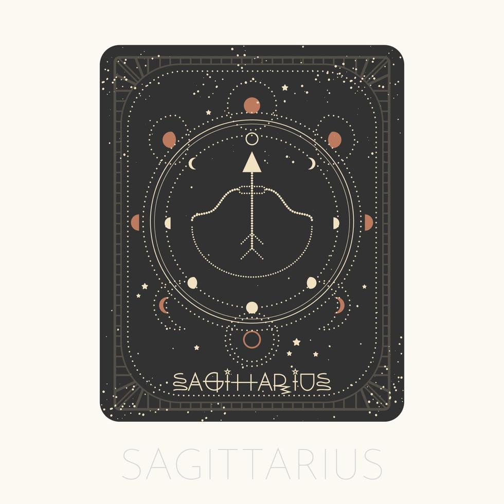 carte sagittaire signe du zodiaque. symbole horoscope astrologique avec phases de lune. icône graphique or sur fond noir. illustration de vecteur ligne art