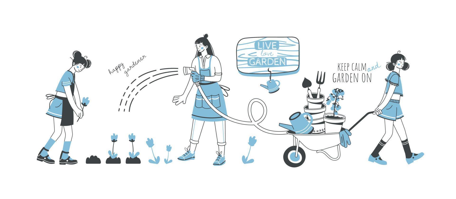 ensemble d'illustrations de personnes travaillant dans le jardin ou la ferme. les jeunes femmes s'occupent des plantes et des légumes. style de dessin animé dessiné à la main. notion de jardinage. vecteur