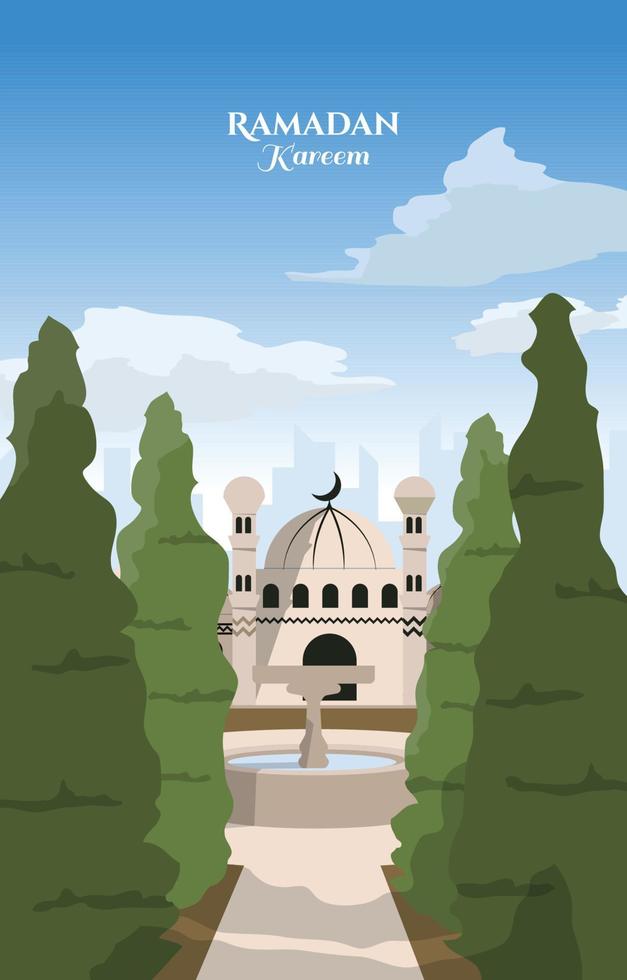belle mosquée étang jardin paysage islamique ramadan kareem carte de voeux vecteur