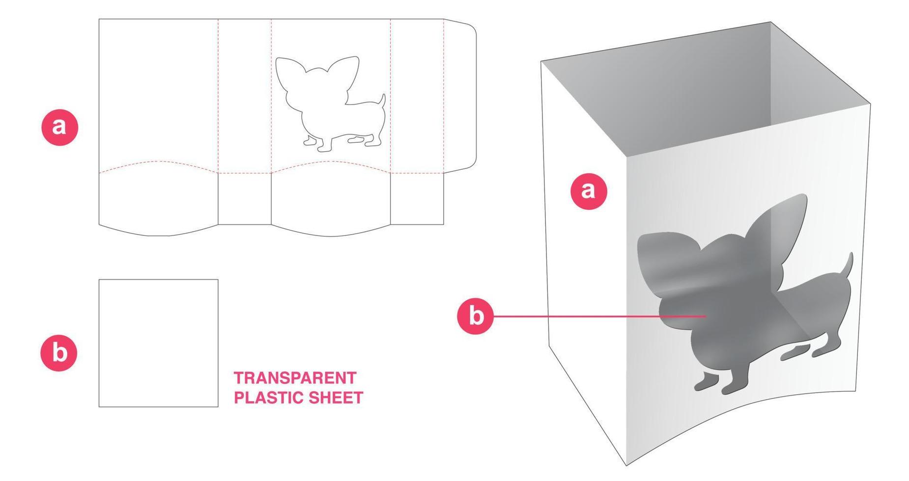 boîte incurvée inférieure et fenêtre en forme de chien avec gabarit de découpe en feuille de plastique transparent vecteur
