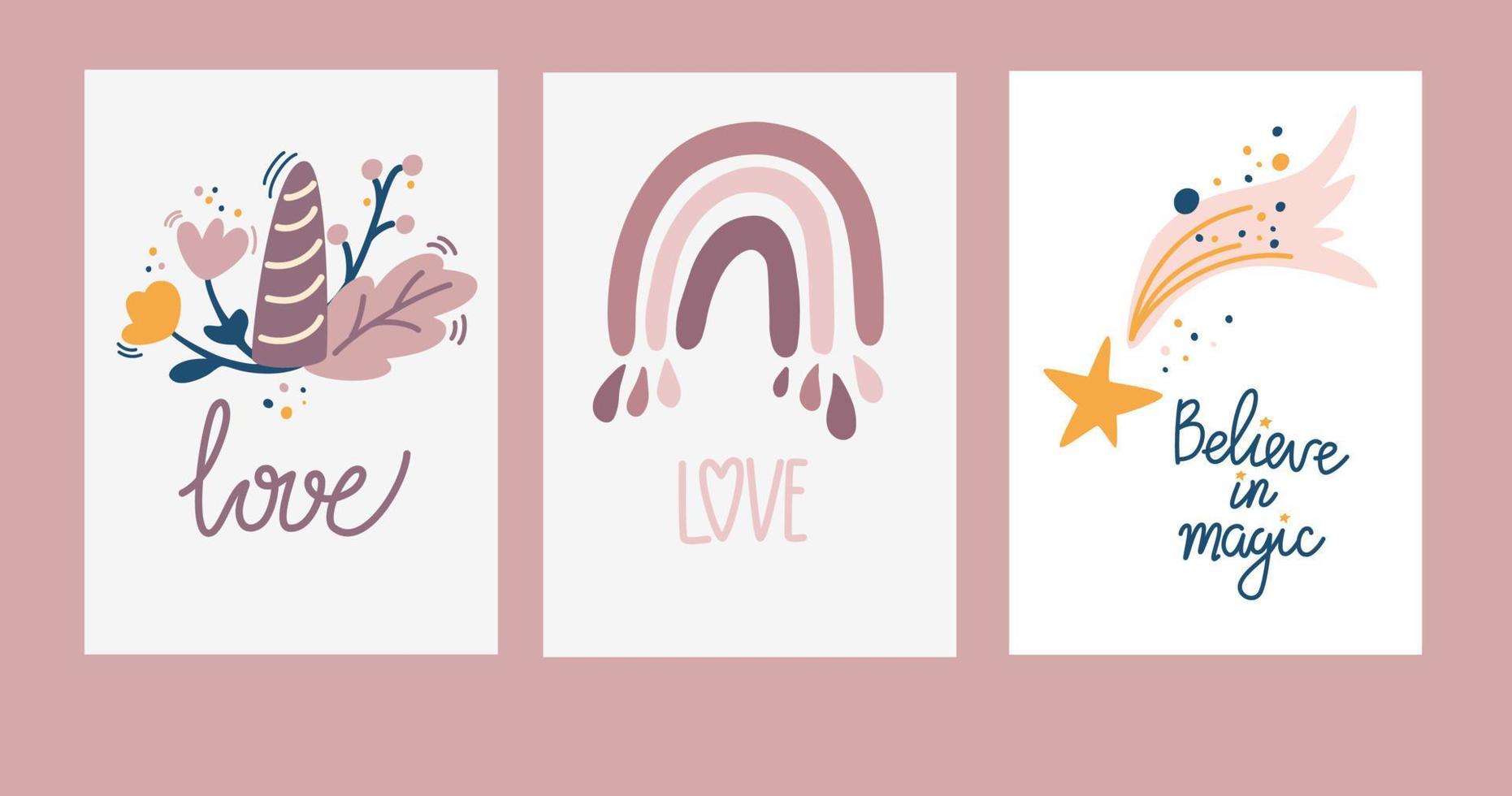 jolies cartes postales bohèmes. ensemble de graphiques pour affiche de chambre de bébé ou d'enfant avec arc-en-ciel, étoile et corne de licorne. parfait pour baby shower, anniversaire, fête d'enfants. illustration vectorielle de dessin animé dessiné à la main vecteur