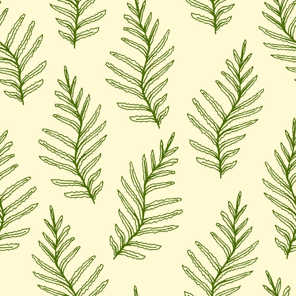 modèle sans couture de vecteur dessiné à la main dans un style écologique. feuilles vertes de fougère, herbe forestière sur fond beige clair. nature, plantes. pour les impressions de tissus, produits textiles, emballages.