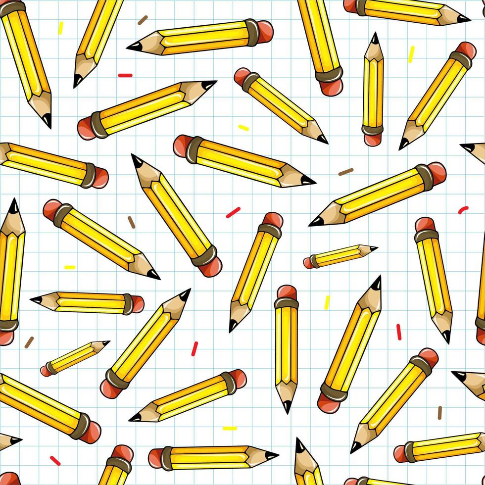 joli motif harmonieux de crayons jaunes dessinés à la main sur fond blanc. parfait pour les milieux scolaires, les impressions textiles, le scrapbooking, la papeterie, le papier peint, le papier d'emballage. retour au thème de l'école. vecteur