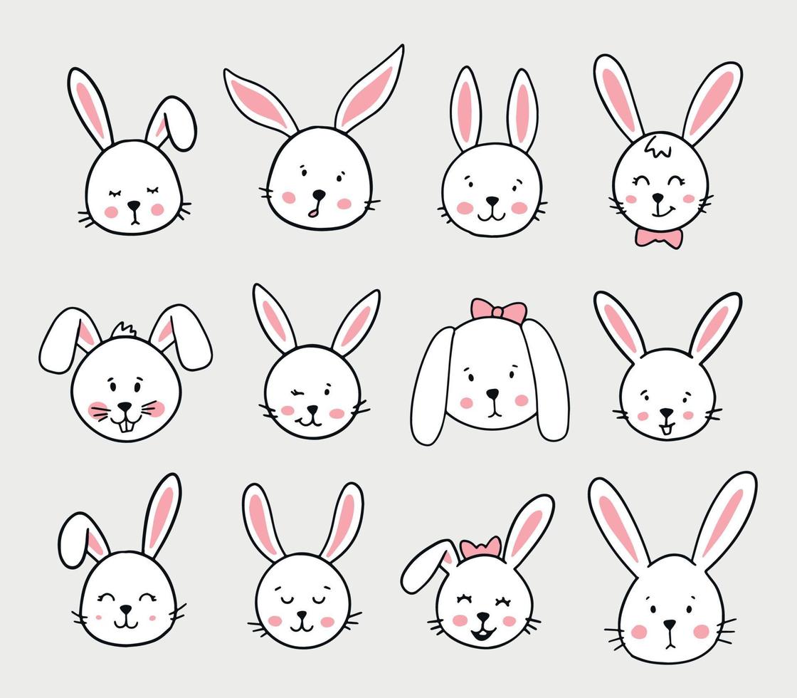 12 lapins dessinés à la main pour autocollants, icônes, impressions, cartes, étiquettes, étiquettes, décor de Pâques, etc. lapin, tête de lapin, dessin animé, etc. eps 10 vecteur