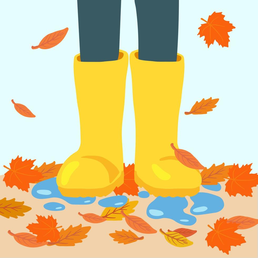 jambes en bottes de pluie en caoutchouc jaune en vue de face avec des éclaboussures d'eau et des feuilles qui tombent. concept de temps d'automne heureux. illustration vectorielle pour cartes, affiches vecteur