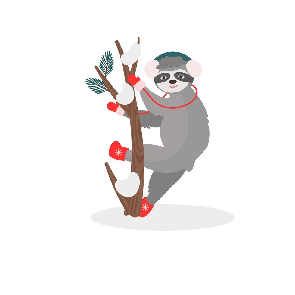 une carte de noël avec un paresseux sur un arbre dans des vêtements d'hiver chauds, des écouteurs, des mitaines, des bottes en feutre. illustration vectorielle pour le design et la décoration, bannière vecteur