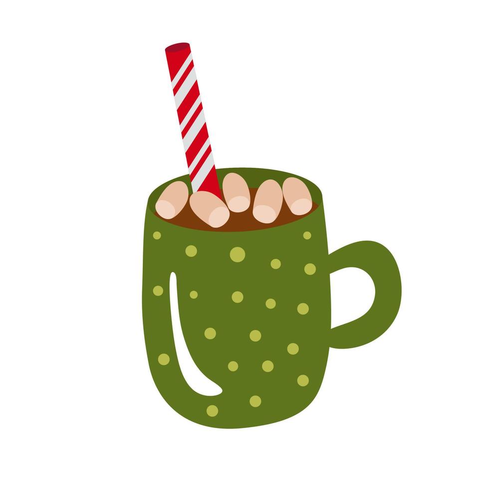 tasse de noël avec du cacao, des guimauves et une paille rouge. clipart vectoriel, illustration isolée sur fond blanc vecteur