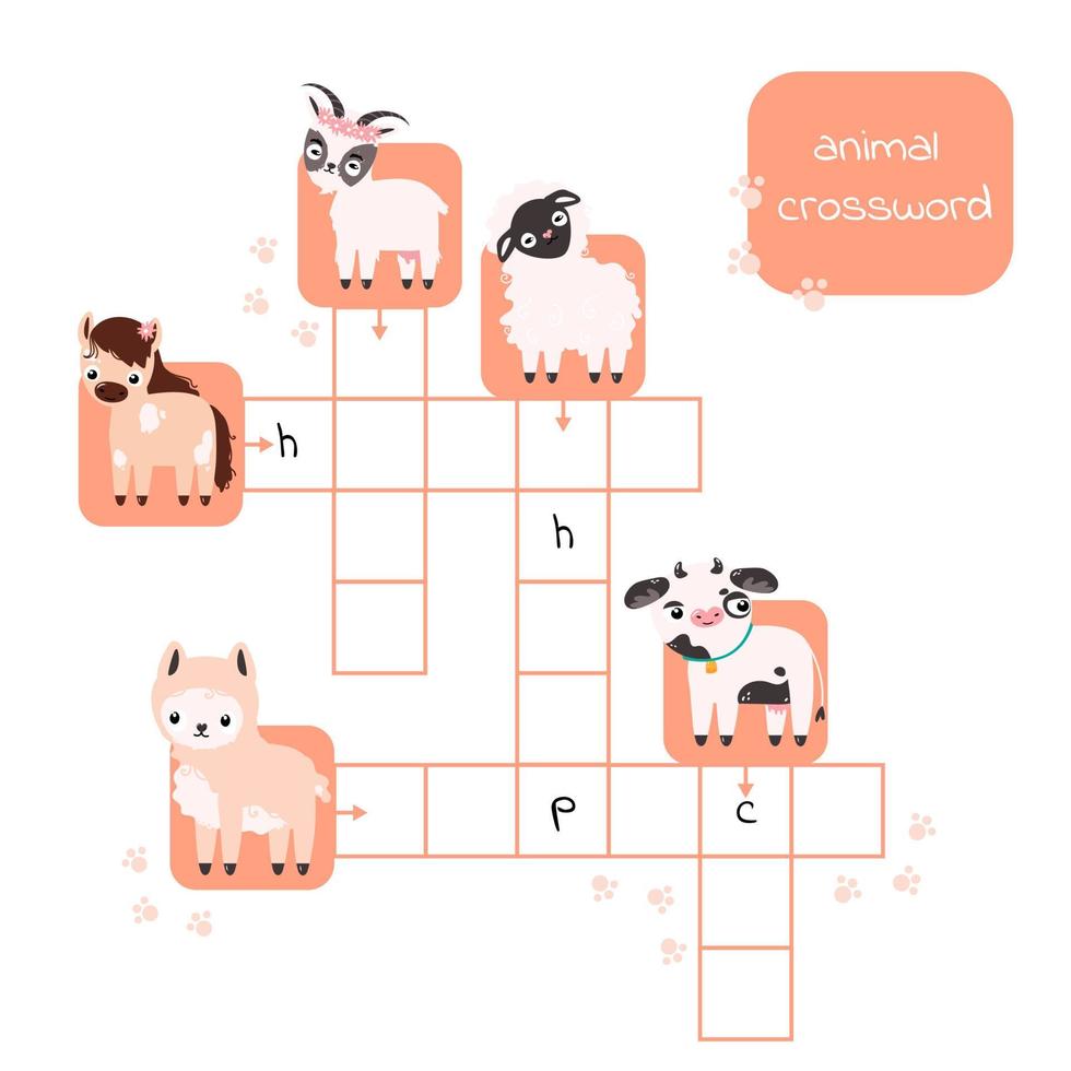 mots croisés avec des animaux pour les enfants d'âge préscolaire vache, cheval, alpaga, chèvre, mouton. illustration vectorielle vecteur