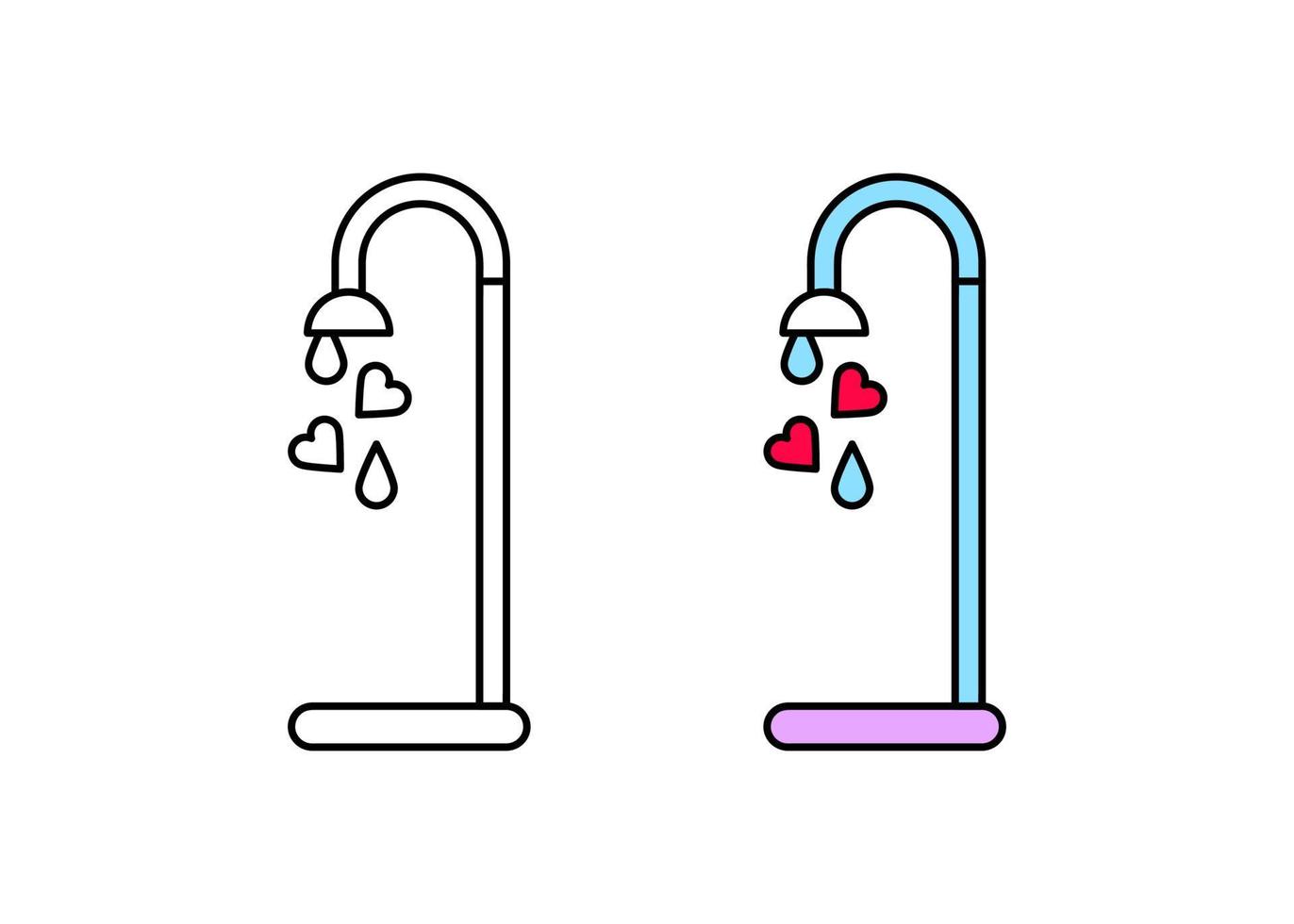 logo de la salle de bain avec de l'eau qui coule du coeur moderne. icône de gouttelettes cardiaques. modèle de cabine de douche linéaire et coloré. fond blanc simple vecteur linéaire.