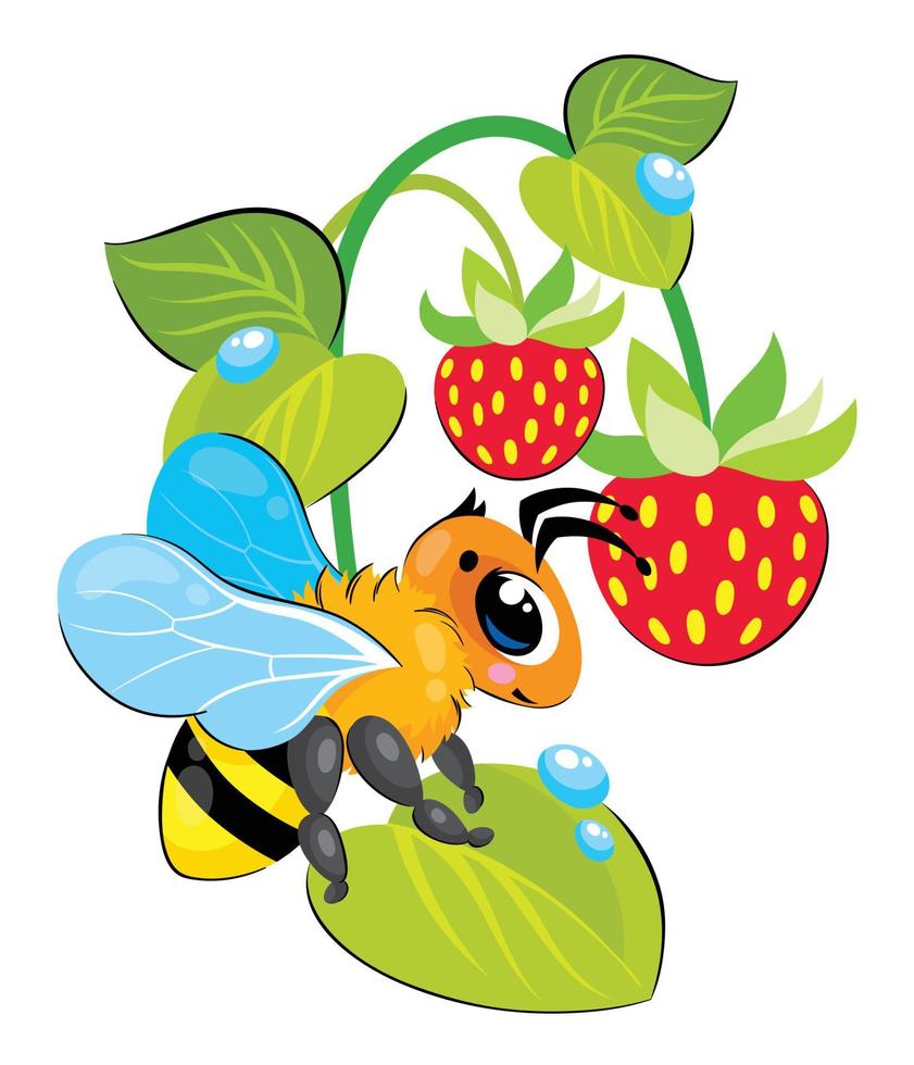 drôle de petite abeille mignonne est assise dans des feuilles de fraisier. les baies pendent aux branches. illustration pour enfants pour le préscolaire. vecteur