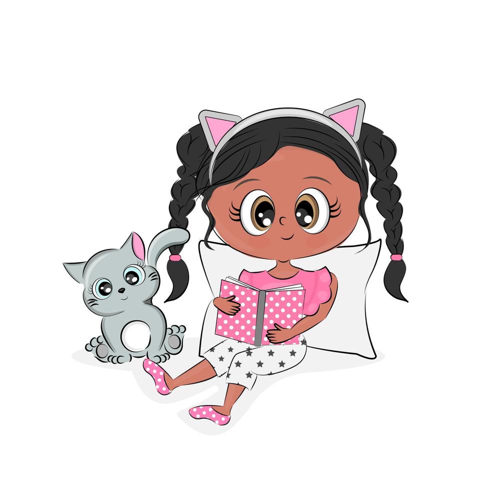 petite fille et chat lisant une histoire au coucher en pyjama, illustration dessinée à la main, impression textile, t-shirt, emballage cadeau, décoration de chambre d'enfant, image vectorielle vecteur