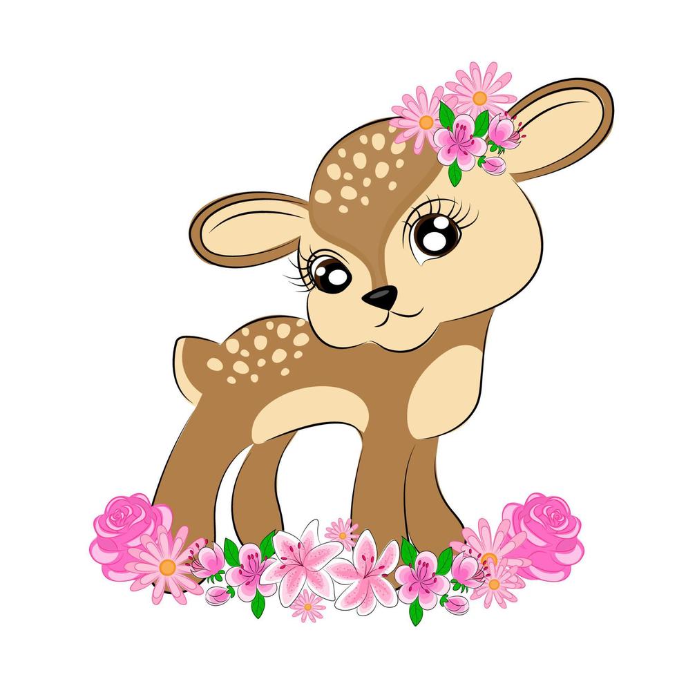 cerf mignon personnage dessin animé personnage de cerf carte de voeux bambi avec des fleurs t-shirt textile impression emballage cadeau décoration enfants mignons illustration vecteur