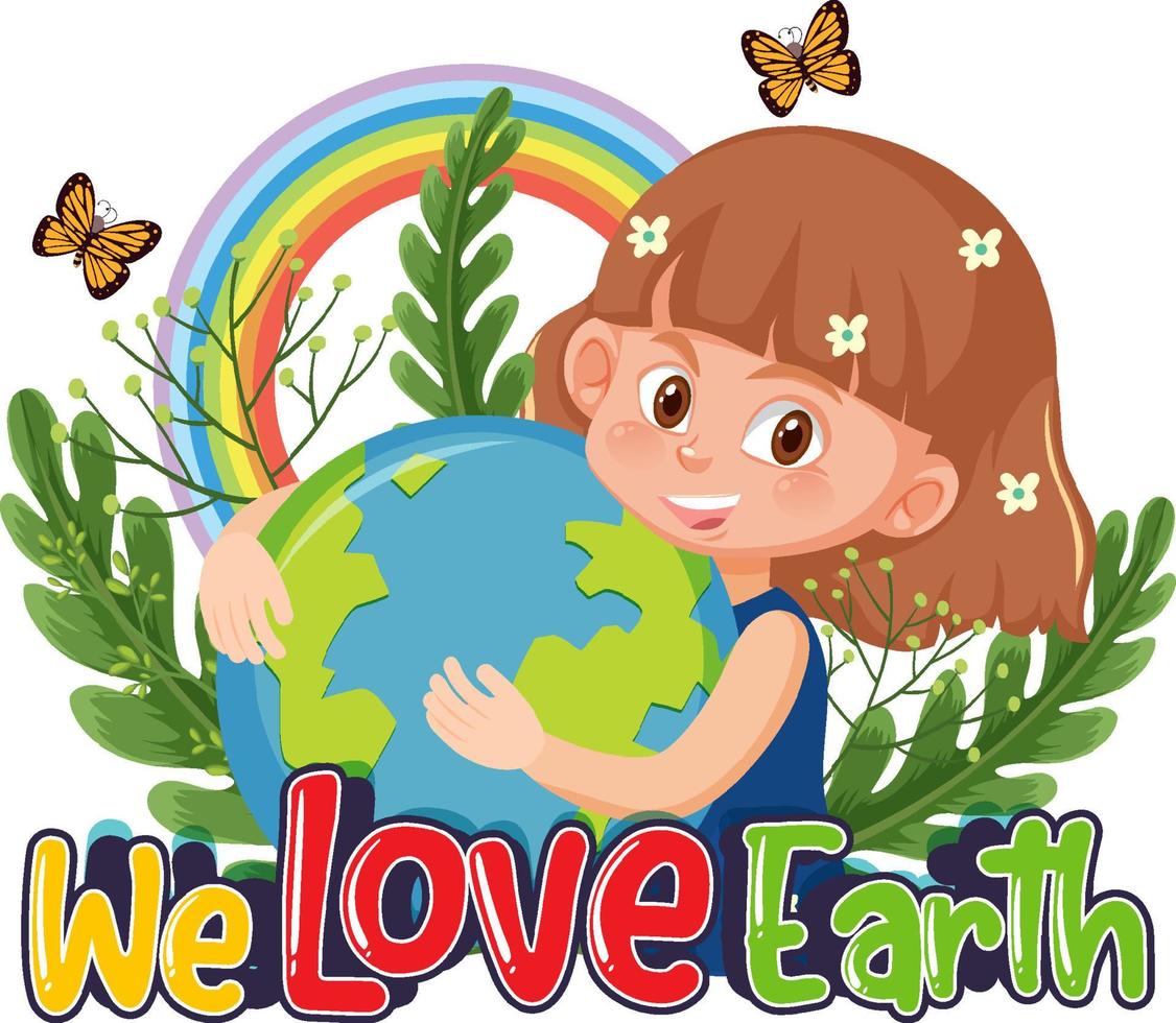 nous aimons le logo de la terre avec une fille étreignant le globe terrestre vecteur