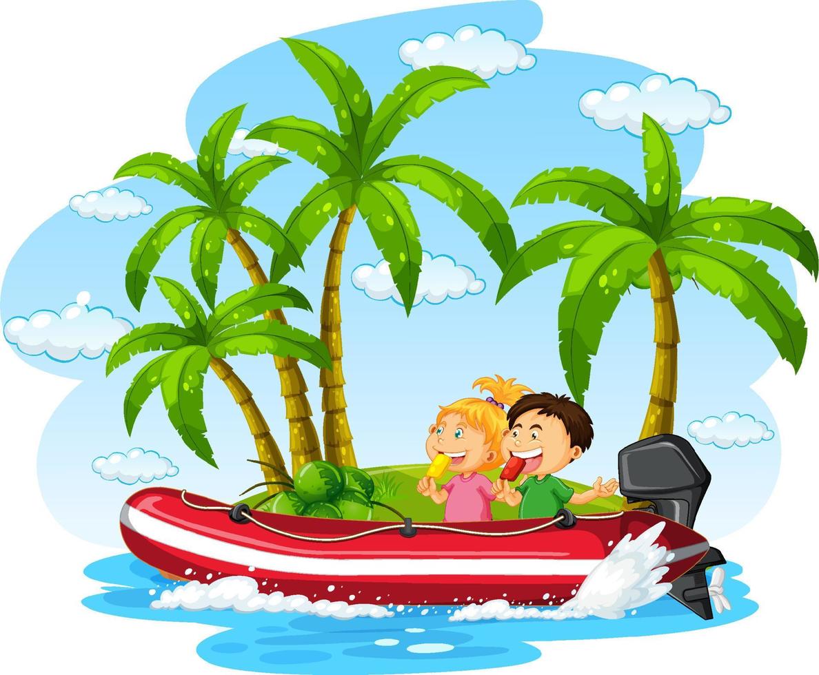 enfants sur bateau gonflable en style cartoon vecteur