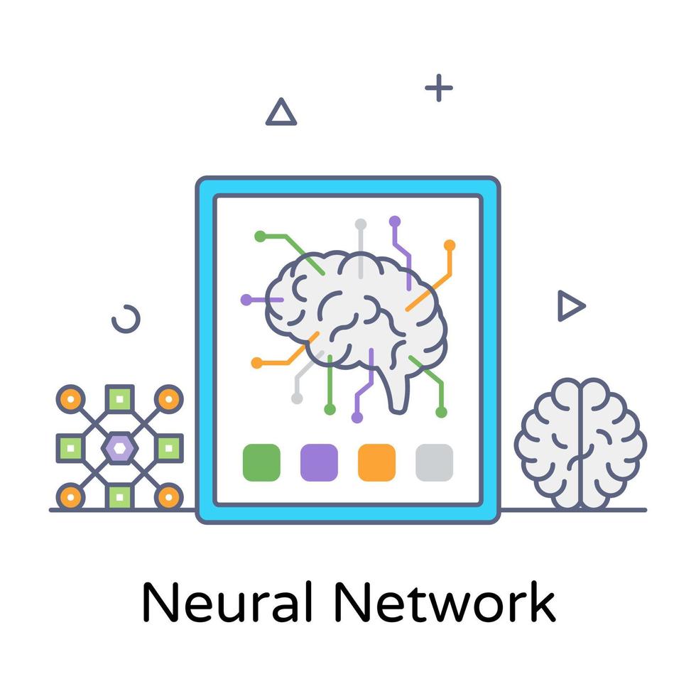 cerveau avec des nœuds indiquant une icône conceptuelle plate du réseau de neurones vecteur